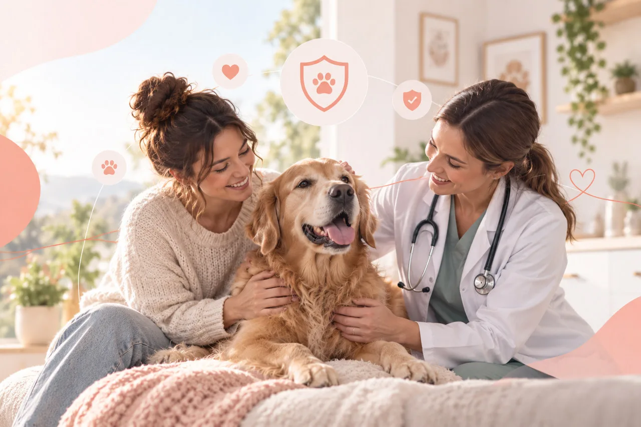 Owner and veterinarian speaking beside a golden-colored dog on a sofa