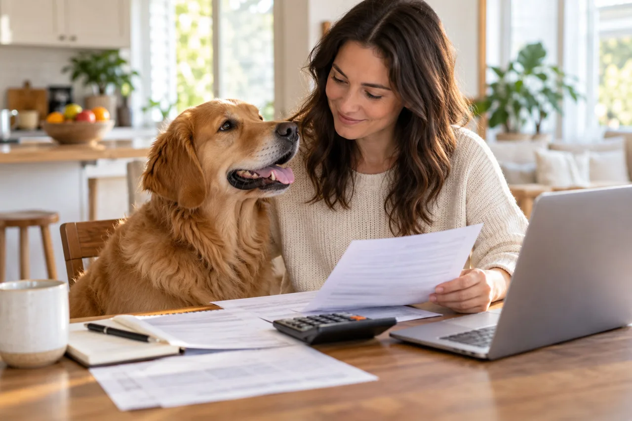 Owner reviewing paperwork with a golden-colored dog beside her